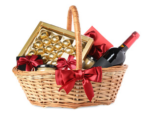 Sticker - Wicker gift basket with wine isolated on white