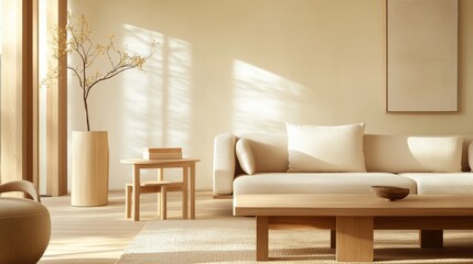 Poster - This modern living room showcases a seamless blend of Japanese and Scandinavian design elements, featuring natural wood, neutral tones, and soft lighting