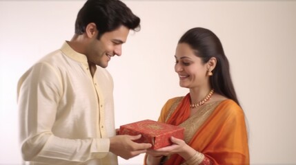 A Man Presenting a Gift to a Woman in Traditional Indian Attire