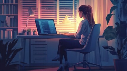 Poster - Woman communicate, workplace with computer. Remote work, freelance, house office, programming, training concept. Lady sitting with laptop and surfing Internet. Female freelancer works from home.