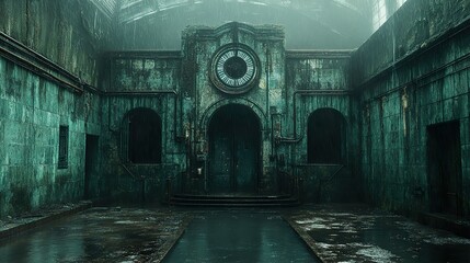 Wall Mural - Forgotten Time: An Abandoned Building Under Rain