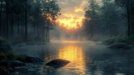 Canvas Print - Misty Forest River Sunrise - Tranquil Nature Landscape