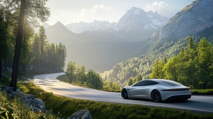 EV (Electric Vehicle) electric car is driving on a winding road that runs through a verdant forest and mountains