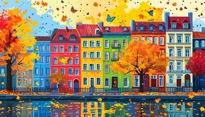 Sticker - Vibrant urban landscape adorned with colorful buildings, swirling autumn leaves, and fluttering butterflies, highlighting natures charm in a city setting.