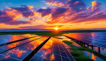 Wall Mural - Stunning sunset illuminating solar panels, highlighting renewable energy amid a vibrant landscape and colorful cloud formations