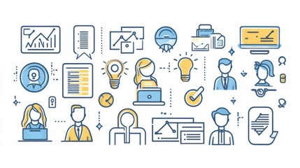Poster - management web icons in line style. media, teamwork, business, planning, strategy, marketing. vector