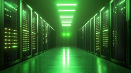 Poster - Modern network and telecommunication technology computer concept: server room in datacenter, room equipped with data servers. Green LED lights flashing. Illustration with copy space.