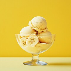 Wall Mural - a refreshing bowl of banana ice cream topped with fresh banana slices set against a yellow backgroun