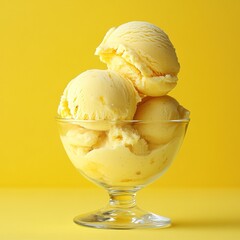 Wall Mural - a refreshing bowl of banana ice cream topped with fresh banana slices set against a yellow backgroun