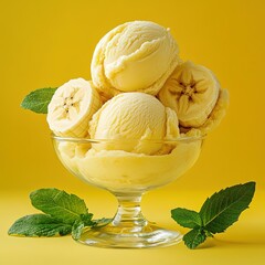 Wall Mural - a refreshing bowl of banana ice cream topped with fresh banana slices set against a yellow backgroun