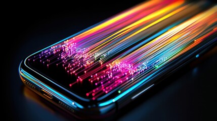 Poster - Colorful light trails emanating from a smartphone against a dark background, symbolizing technology, innovation, and digital communication