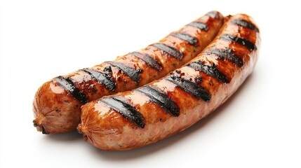 A juicy grilled sausage with grill marks, served on a plain white background, highlighting its texture and delicious appearance, perfect for food styling.