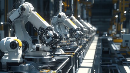 Poster - In a state-of-the-art manufacturing facility, robotic arms perform assembly tasks efficiently on an automated production line, showcasing advanced technology and industrial automation in action.