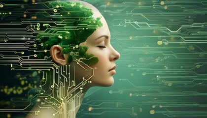 Harmony of Technology and Humanity: Circuit Patterns Intertwined with Serene Human Profiles on a Lush Green Backdrop