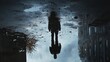 © Elmira - A solitary man is seen walking through a cityscape, his silhouette mirrored in a dark puddle, creating a contrast with the cloudy atmosphere above