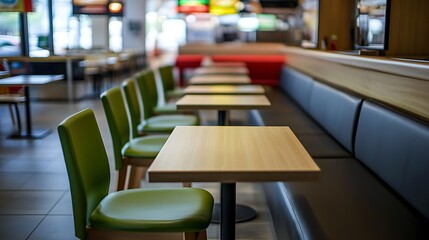 Wall Mural - Empty tables and chairs in a cafe with a booth in the background.