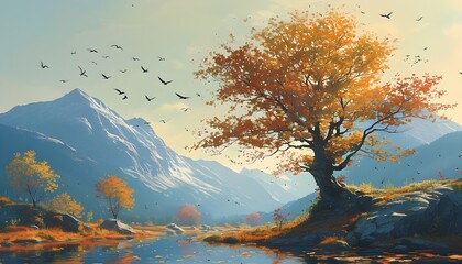 Wall Mural - Serene autumn landscape with a vibrant tree beneath a pastel sky, framed by majestic mountains and lively birds soaring above