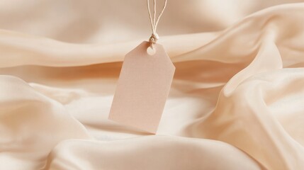 Poster - A transparent clothing tag label hovers gently in front of soft beige fabric, showcasing a refined and stylish mockup suited for fashion branding and presentations