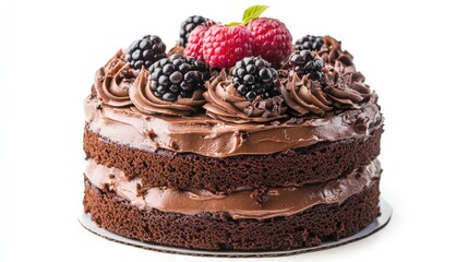 close-up of a chocolate cake with rich frosting and a few berries on top, set against a clean white 