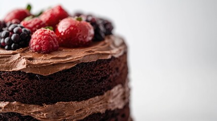 Close-up of a chocolate cake with rich frosting and a few berries on top, set against a clean white background, highlighting its texture and elegance.