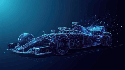 Poster - Polygonal F1 Car Vector Illustration - Speed Concept with Mesh Spheres - Blue Flat Minimalist SVG Vector Bolide