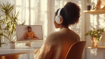 Aufkleber - A woman attentively participates in an online class from her cozy home workspace. She is wearing headphones while focusing on the computer screen, surrounded by plants and soft lighting.