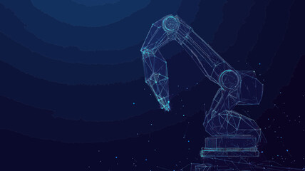 Poster - Futuristic Polygonal Wireframe Robotic Arm on Dark Blue Background for Automation and Industry Concept Visuals, Abstract Digital Vector Illustration, Flat Minimalist SVG Art for Technology