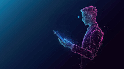 Poster - abstract digital businessman using chatbot app on tablet - futuristic low poly wireframe illustratio
