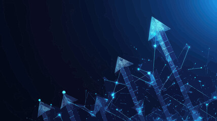 Poster - Abstract Digital Growing Arrows Up Graph Chart on Technological Blue Low Poly Wireframe Background, Boosting Business Results, Concept of Success and Investment, Polygonal Finance Glowing Illustration