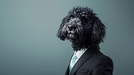 Wall Mural - A dog dressed in a suit with a tie, posing against a neutral background.