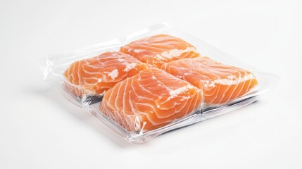 Fresh salmon fillets sealed in clear plastic packaging, displayed on a white background, emphasizing the product freshness and vibrant color for retail.