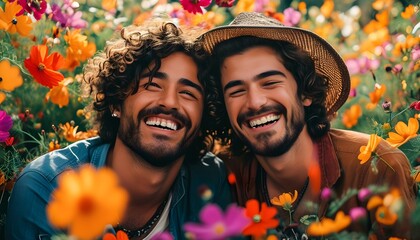 Joyful friendship amidst a vibrant floral paradise celebrating natures beauty