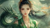 A beautiful asian woman the dragon princess of Chinese legend in green traditional clothing background wallpaper AI generated image