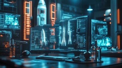 Aufkleber - In a dimly lit control room filled with blue and orange lights, multiple screens showcase intricate rocket designs and technical data. The atmosphere reflects advanced space exploration technology.