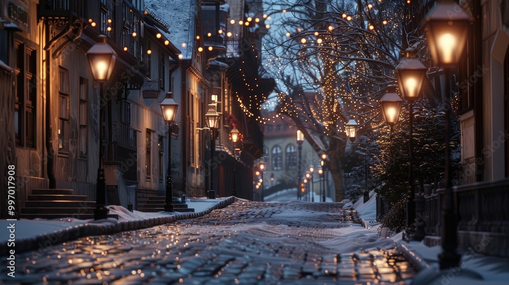 Glowing lanterns lining snow-covered cobblestone street