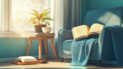 Cozy Home Reading Nook with Houseplant and Open Book