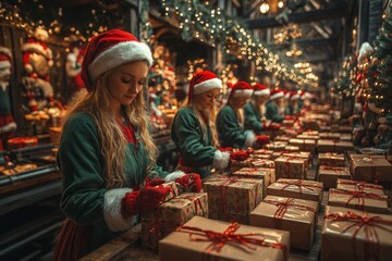 A Santa's gift factory, where adult women and men elves are packing gifts into festive boxes. Generative AI