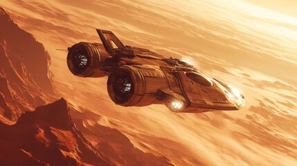 Poster - A sleek spaceship glides through the vibrant, orange atmosphere of an alien planet, surrounded by dramatic rock formations below