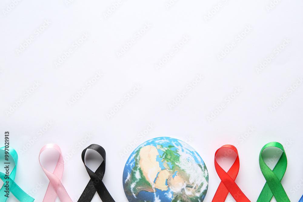 Colorful ribbons and paper planet Earth on white background. World Cancer Day