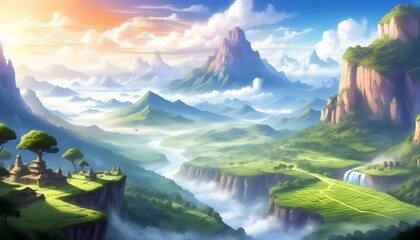 Fantasy-inspired illustration of majestic mountains and serene valleys with vibrant colors and imaginative scenery