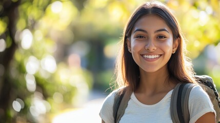 Wall Mural - A young Latin woman stands outdoors, smiling brightly in a casual outfit and a backpack. The setting features soft natural light, suggesting a pleasant day