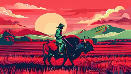 a farmer riding a water buffalo against a vibrant sunset landscape.