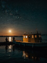 Two people in front of a boat at night.