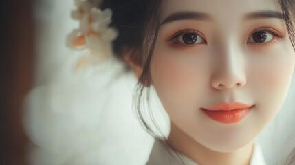 A young chinese woman traditional beautiful make up face background wallpaper AI generated image