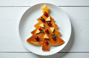 A Christmas tree of pancakes lies on a white plate.