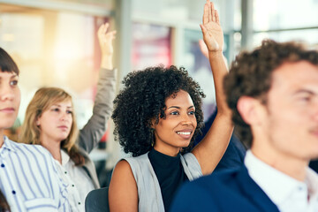 Poster - Tradeshow, presentation and audience with question, discussion and meeting for business. Group of people, team and collaboration with workshop, training or coaching with conference and brainstorming