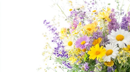 Wall Mural - On a white background, a bouquet of wild flowers in a glass vase