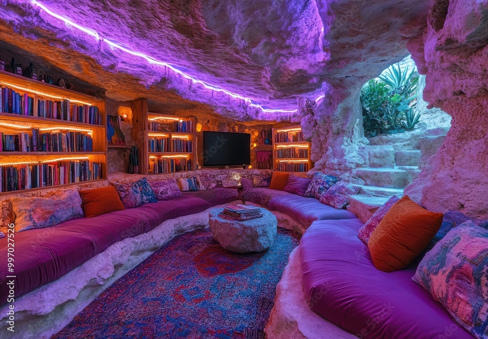 Colorful cave interior featuring a cozy bar, bookshelves, and a TV in a ...