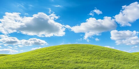 An idyllic July summer scene with rolling green hills and a clear blue sky; a peaceful and serene setting