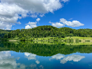 Beautiful travel destination in Switzerland, Europe. Lake with green forest and mountains in the background and a bright cloudy sky mirrored in the water. Tuerlersee in Kanton of Zurich.